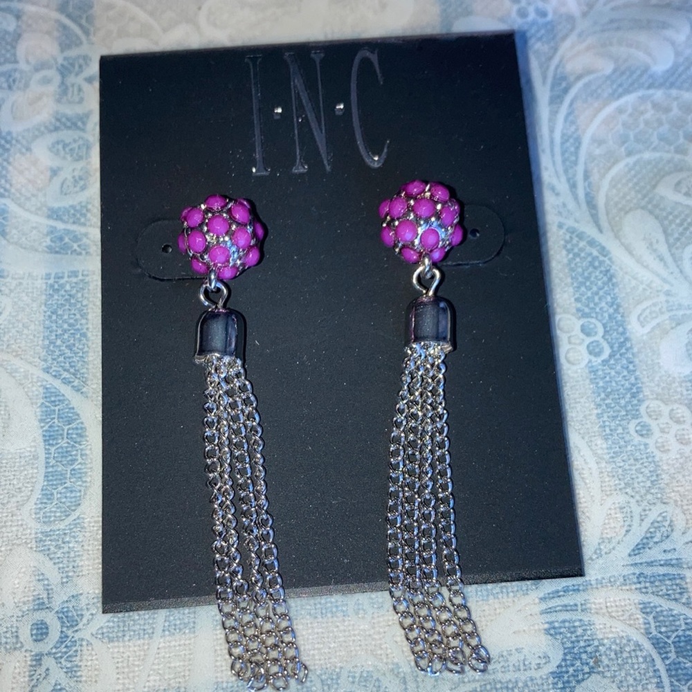 NWOT INC earrings w/posts, st balls w/purple tiny beads, hanging chains $15